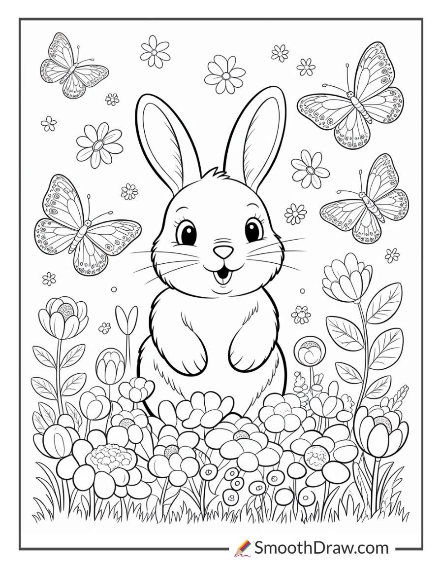 Easter Bunny Surrounded By Butterflies Coloring Page