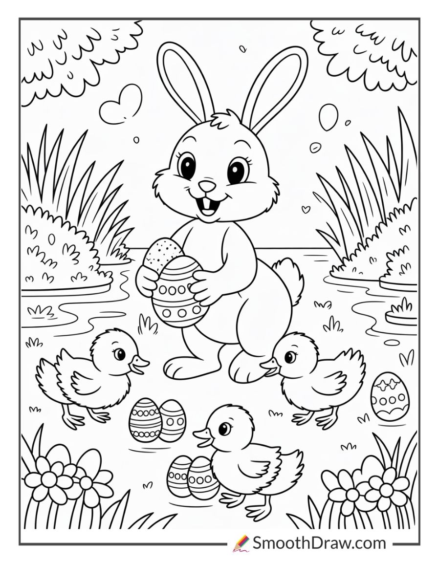 Easter Bunny With Little Ducklings Coloring Sheet