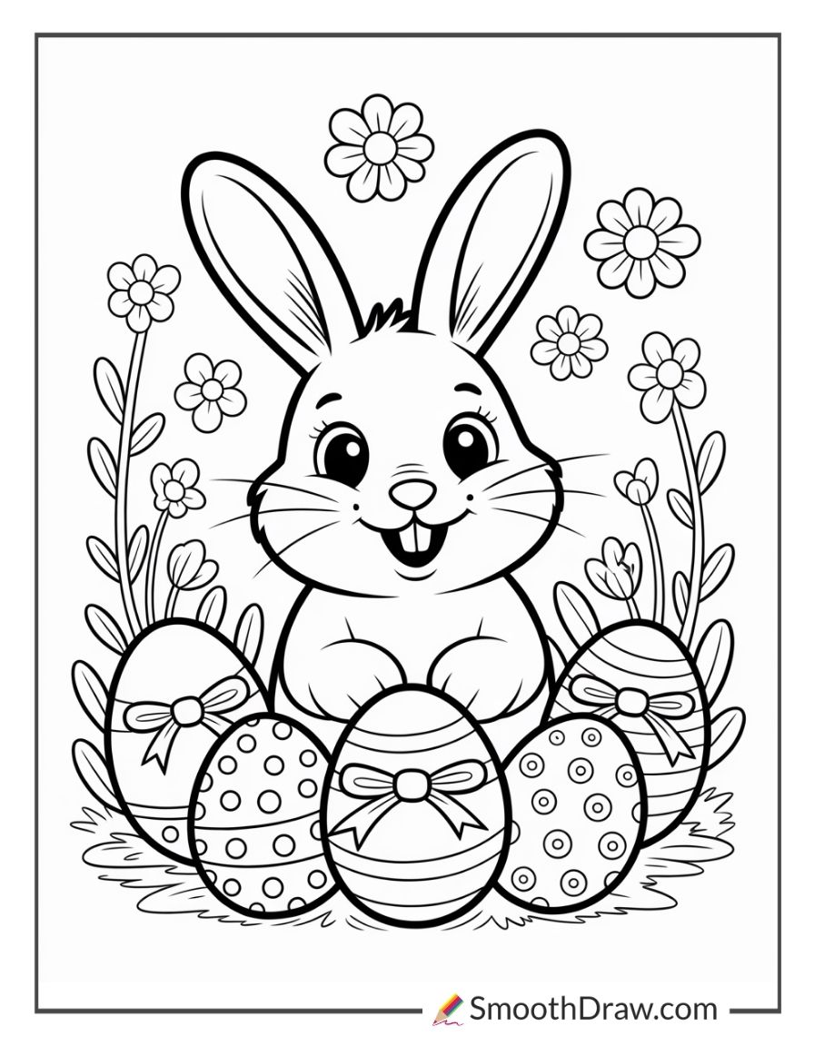 Easter Bunny With Ribbon Eggs Coloring Pages