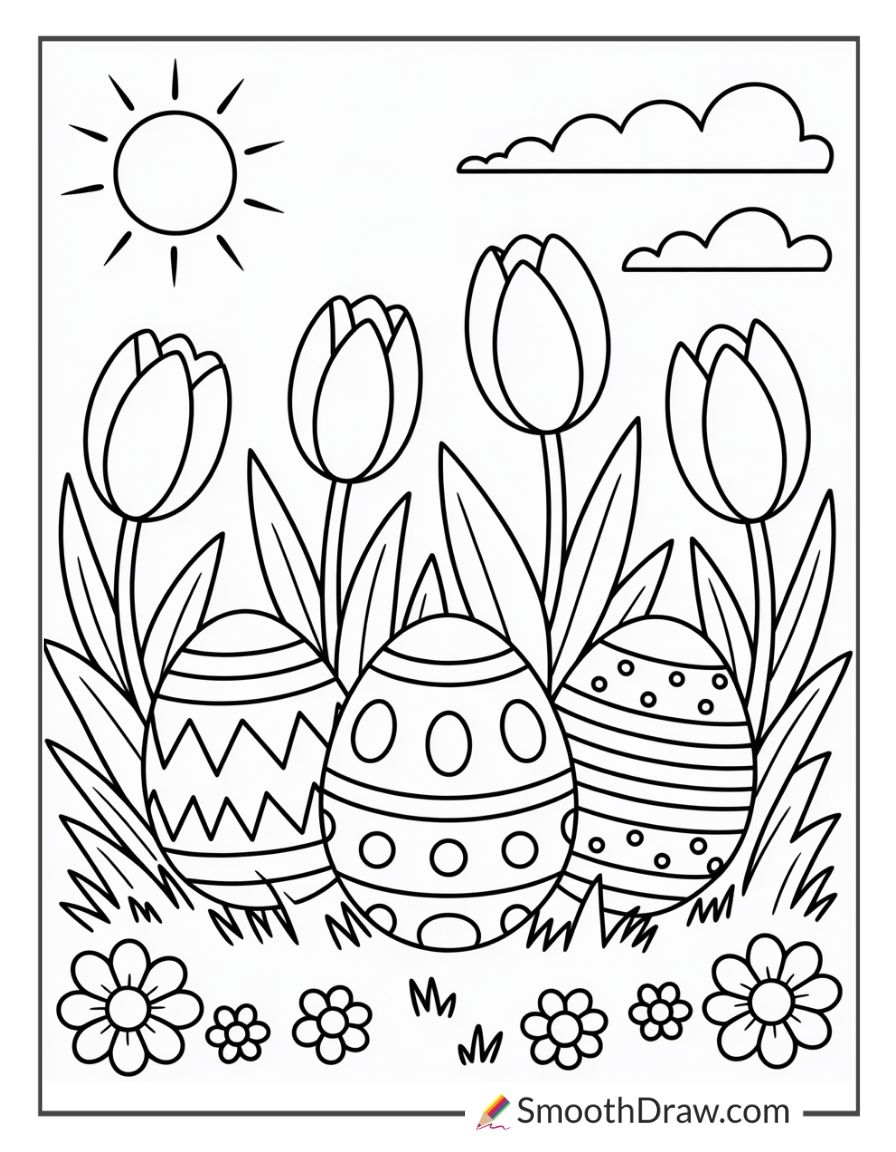 Easter Eggs And Tulips In Bloom