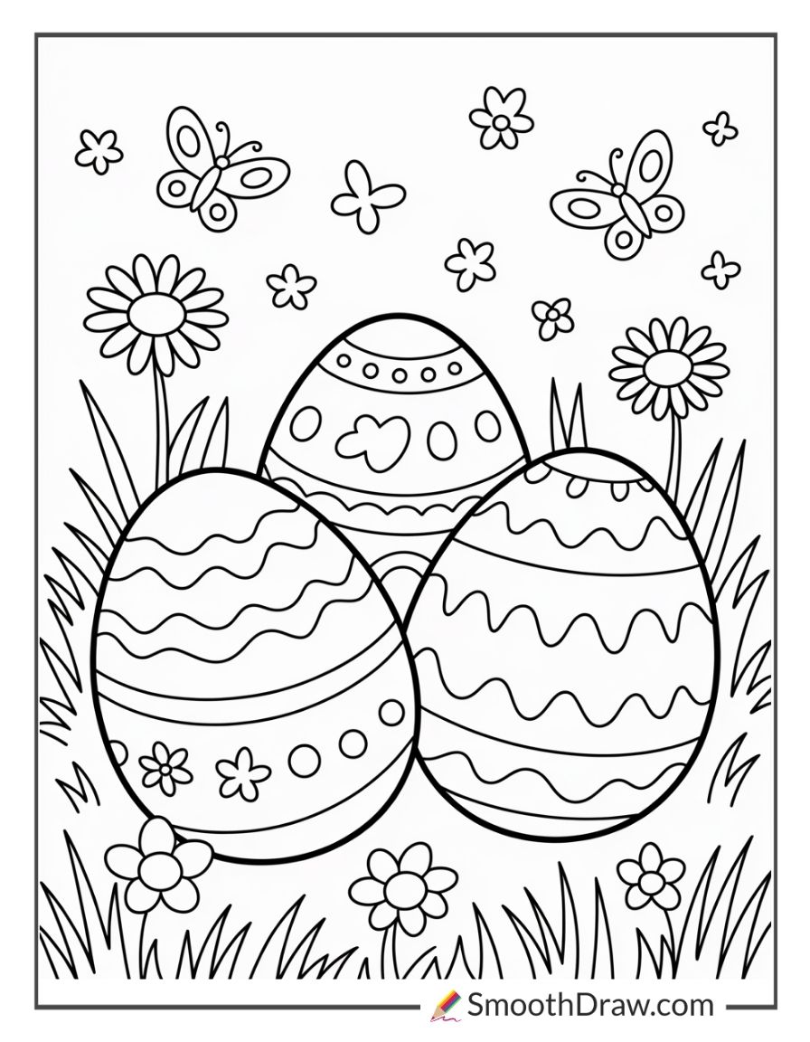 Easter Eggs On Grass With Daisies