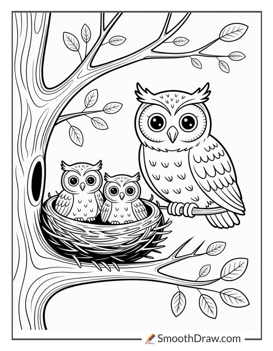 Family Of Owls In Tree