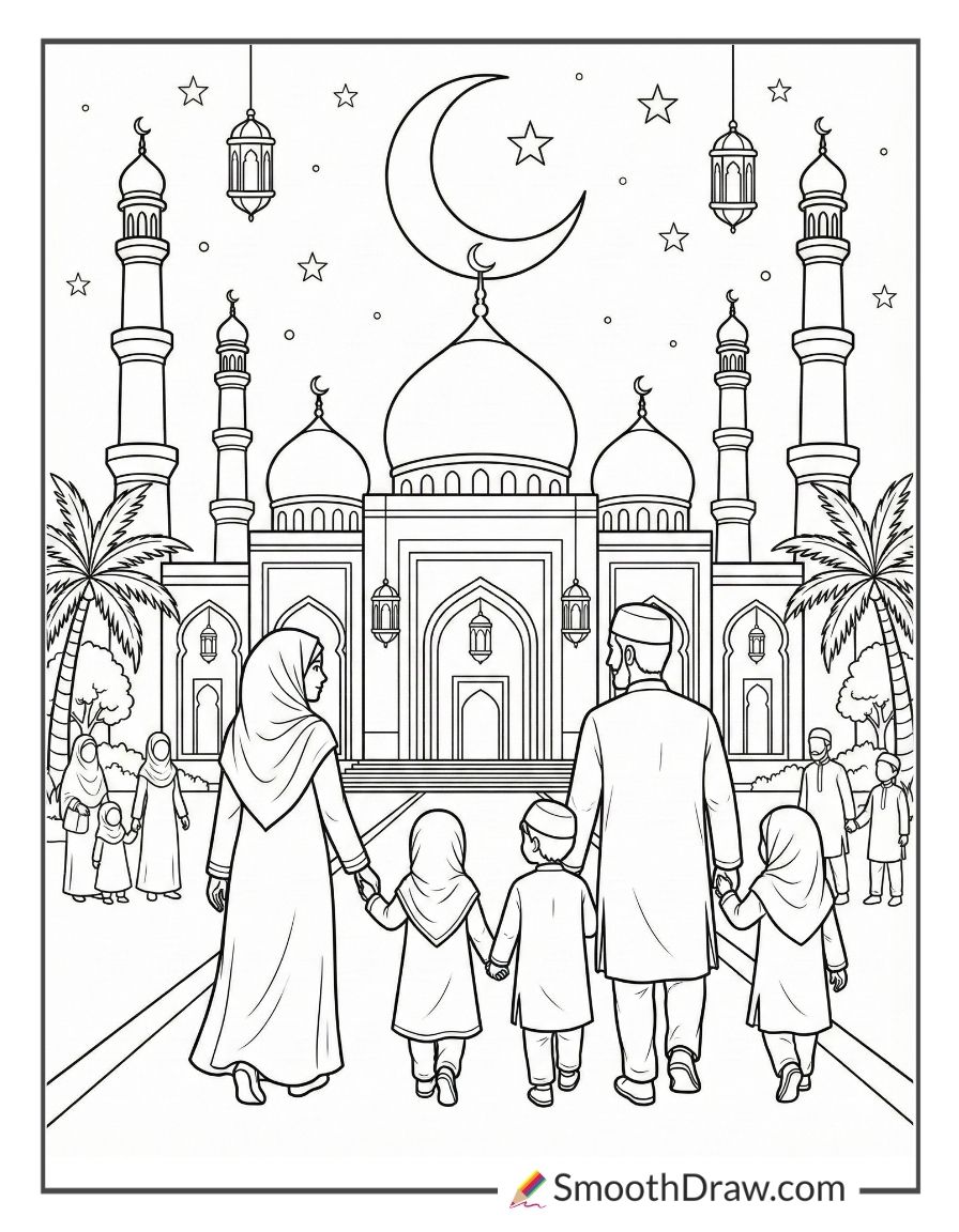 Family Visiting The Mosque At Night