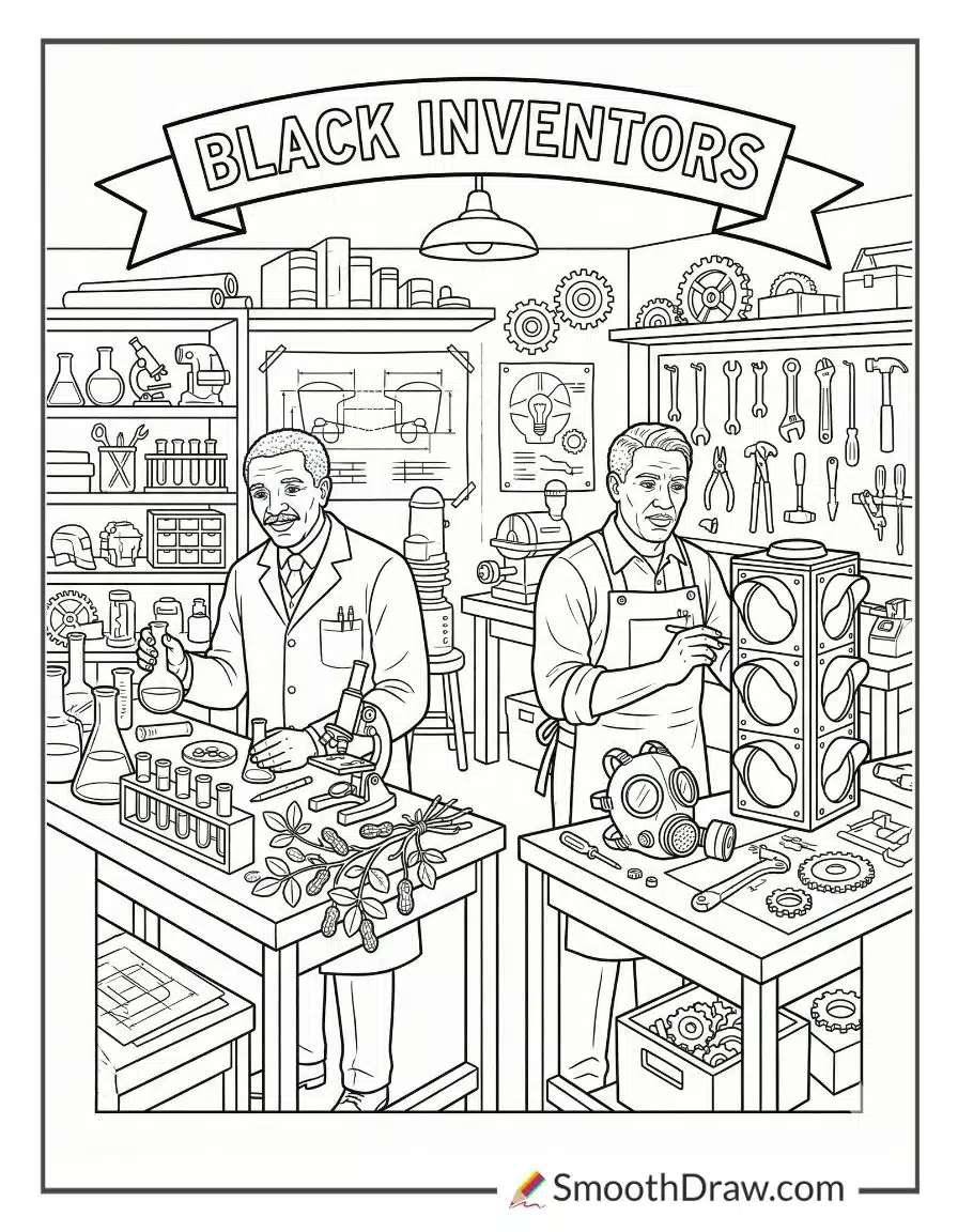 Famous Black Inventors In Their Workshop Coloring Page