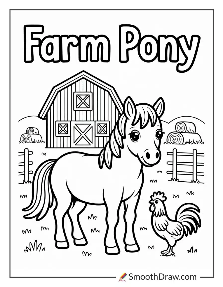 Farm Pony Beside A Red Barn Coloring Sheet