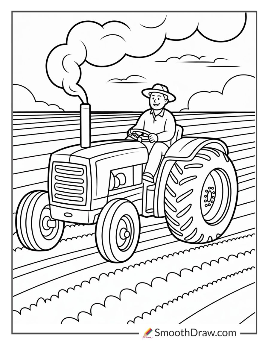 Farmer Driving Tractor Coloring Page