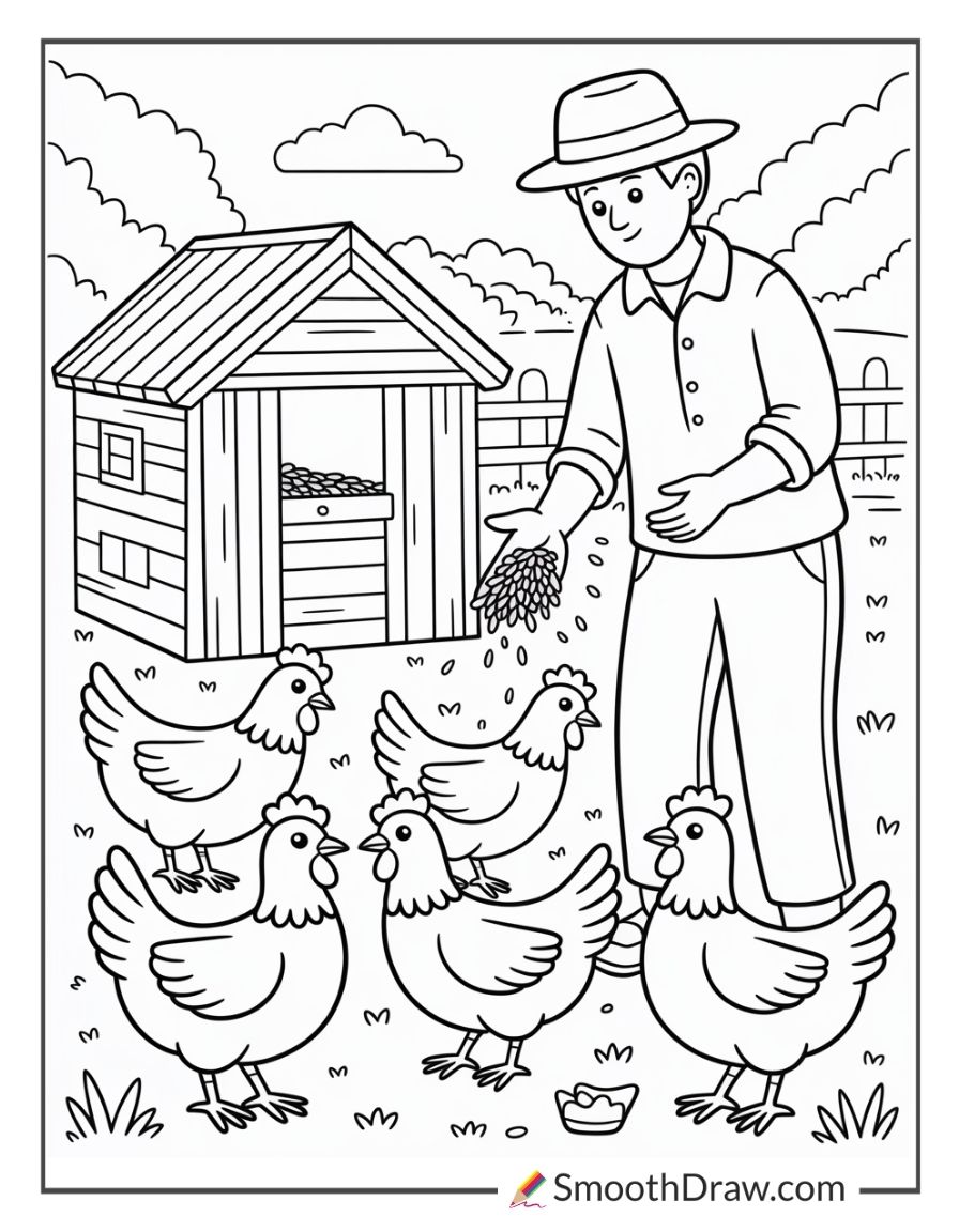 Farmer Feeding Chickens In Yard