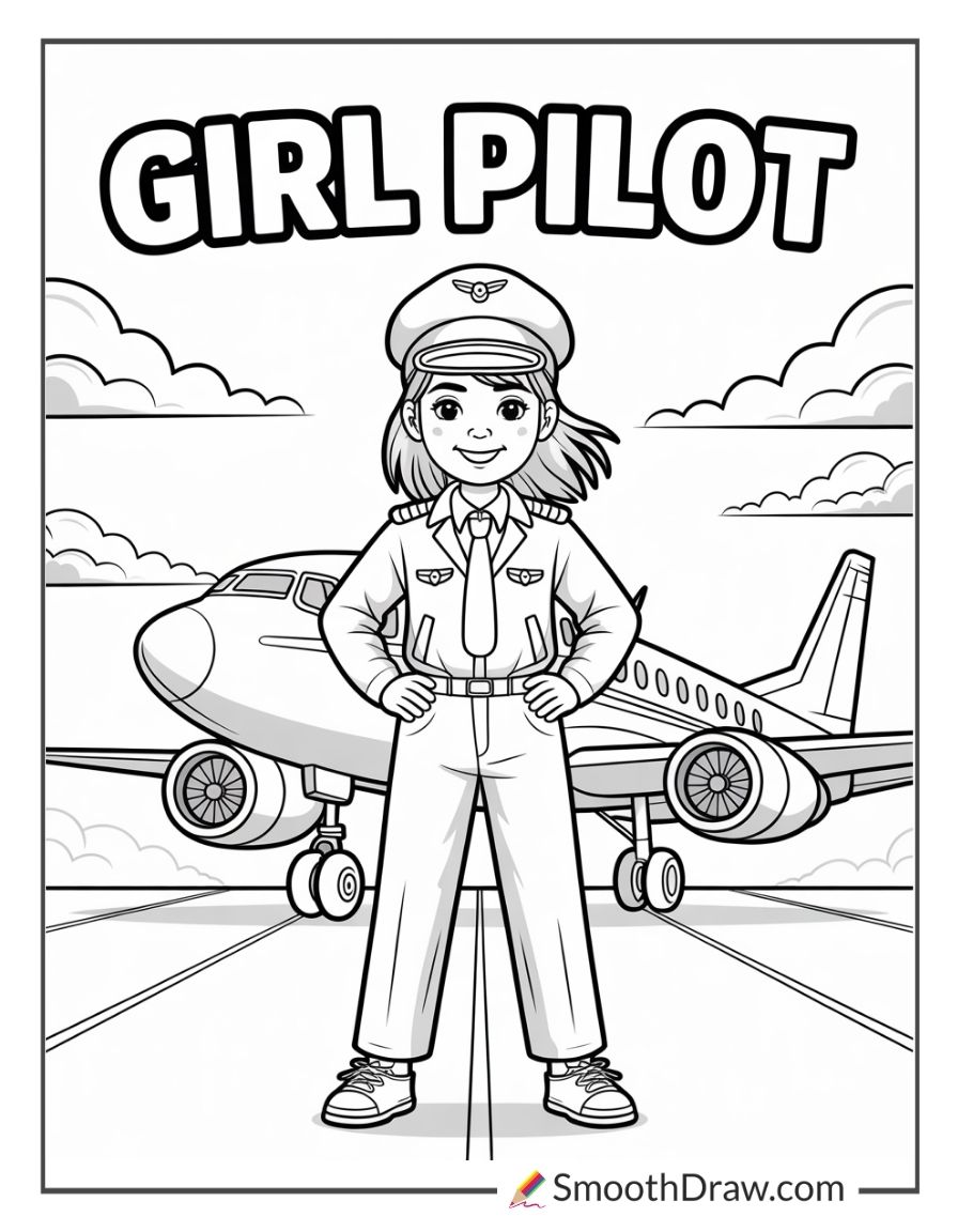 Female Pilot With Airplane Background