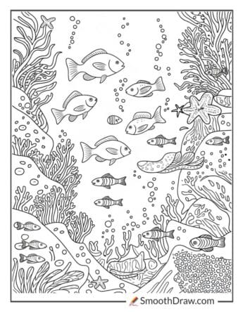 Fish in a coral reef coloring page