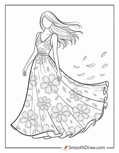 Floral Maxi Dress Blowing In Wind Coloring Sheet