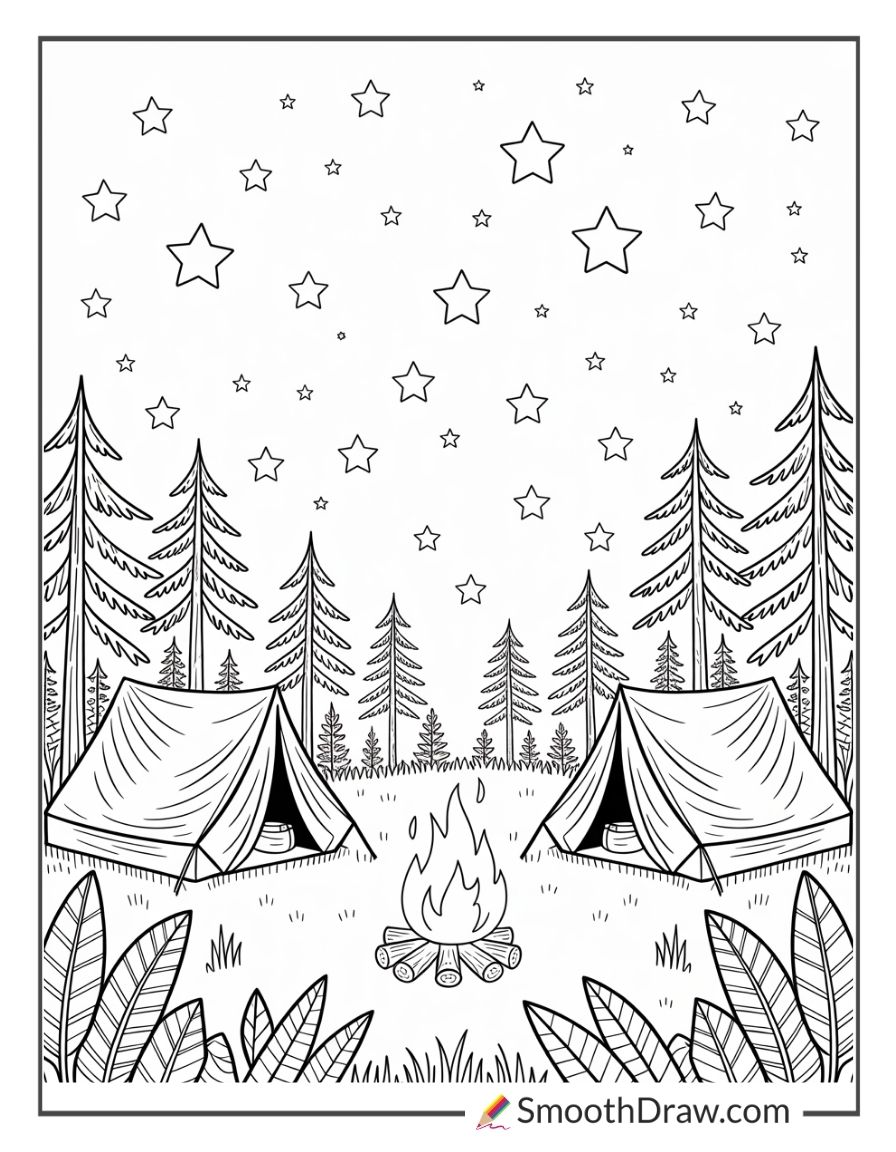 Forest Camping Under Stars Coloring Page