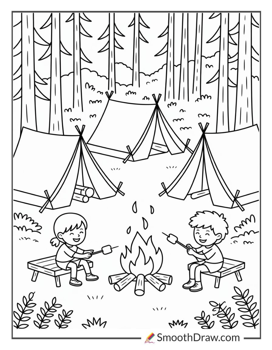 Forest Campsite With Tents Coloring Page