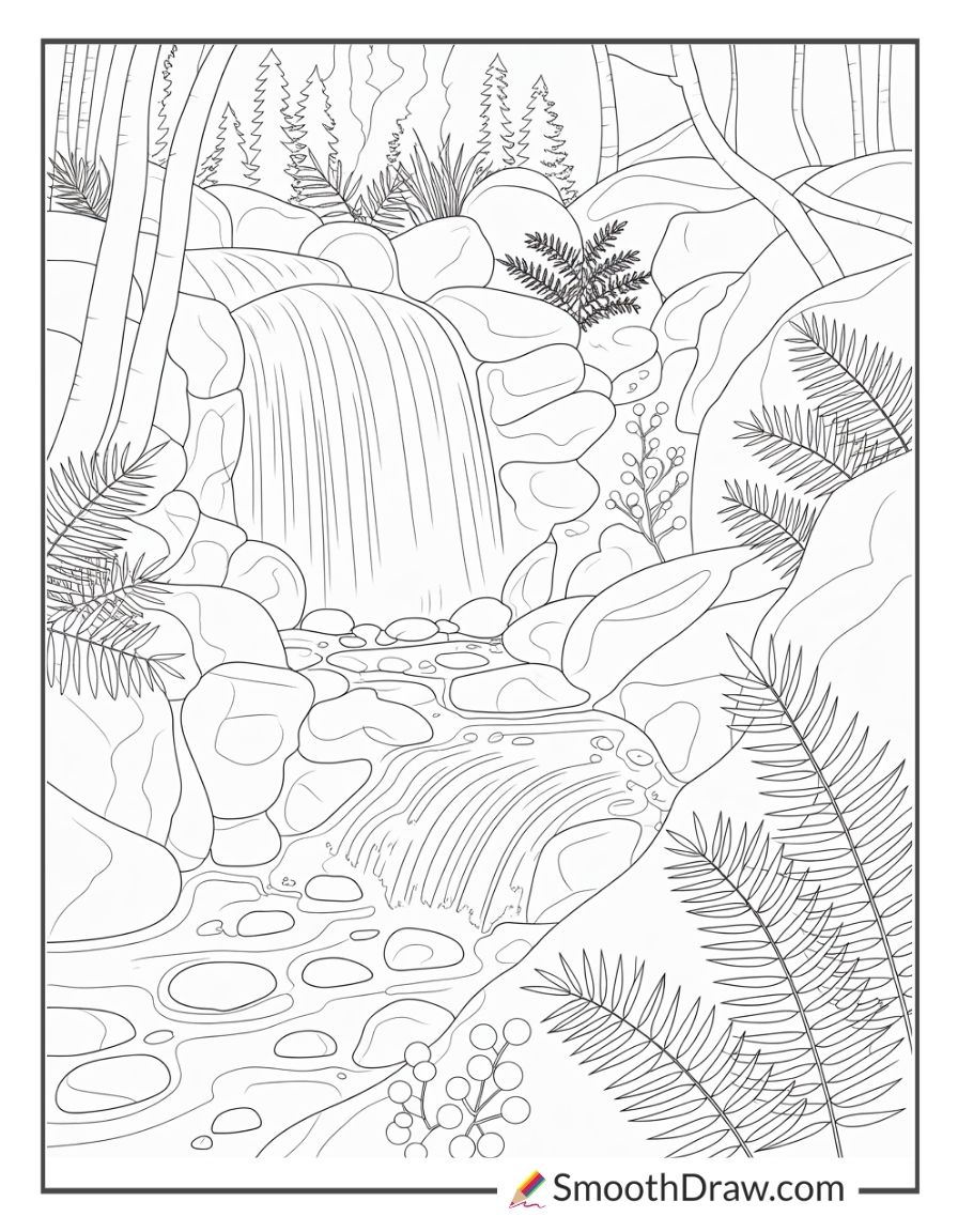 Forest Waterfall With Rocks Coloring Page