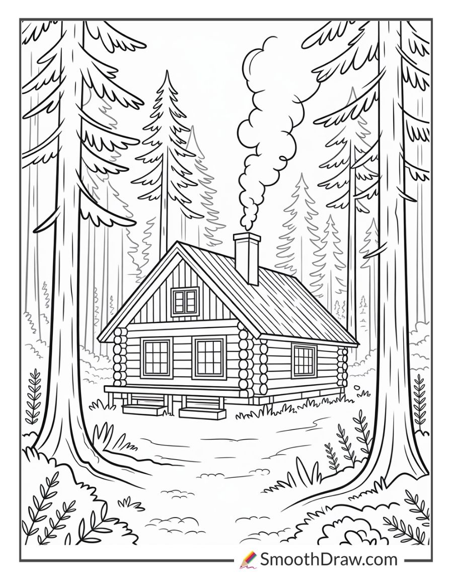 Forest With Log Cabin Coloring Sheet