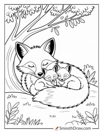 Fox family resting under tree