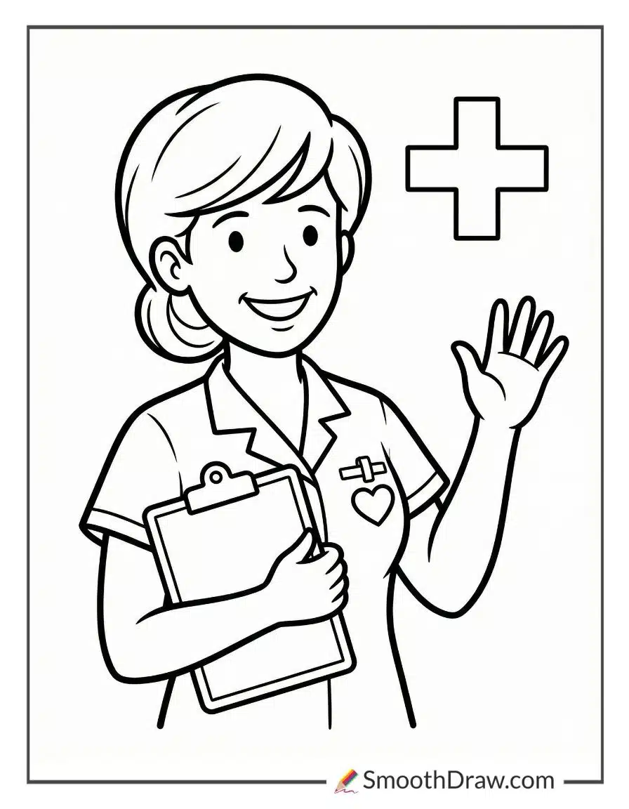 Friendly Nurse Waving Coloring Page