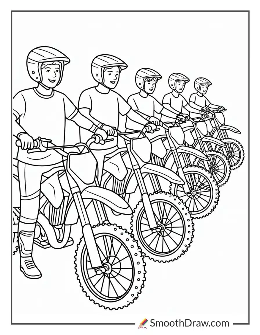 Friends lining up dirt bikes coloring sheet