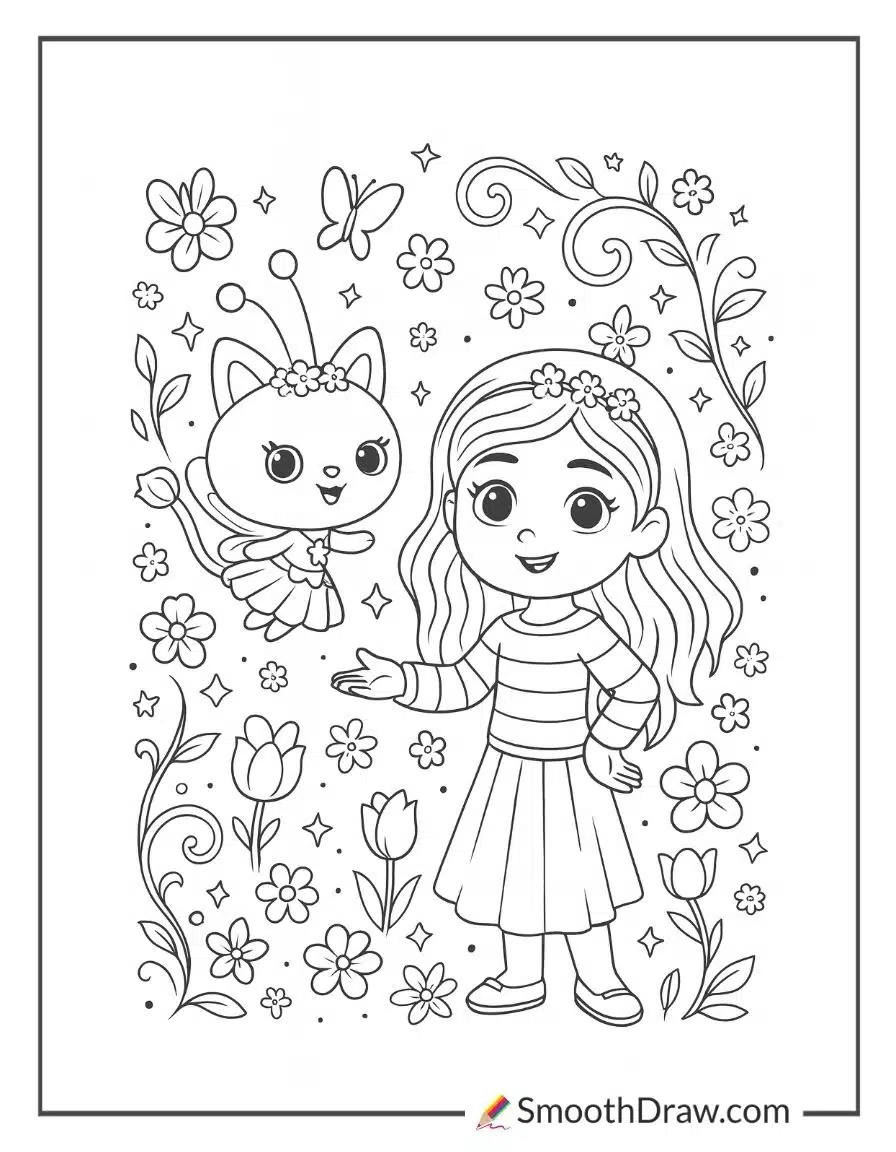Gabby And Kitty Fairy Surrounded By Flowers Coloring Page