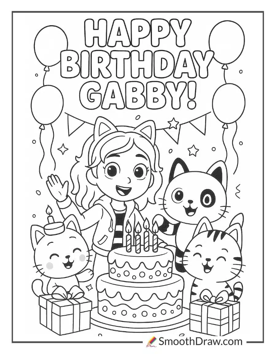 Gabby Celebrating A Birthday Party Coloring Sheet