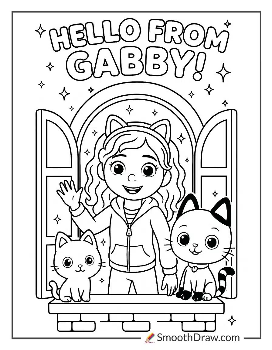 Gabby Waving Hello From Her Dollhouse Coloring Pages