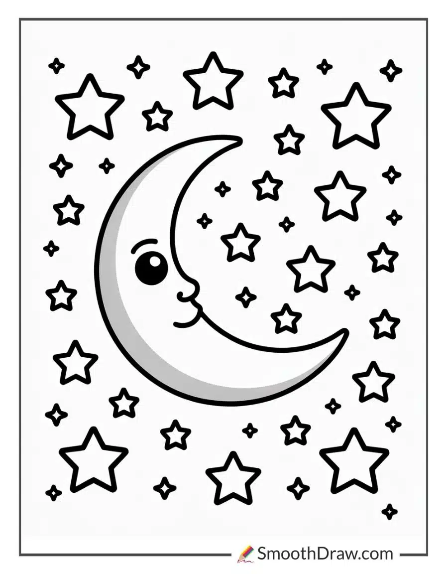 Galaxy Stars And Moon Coloring Sheet
