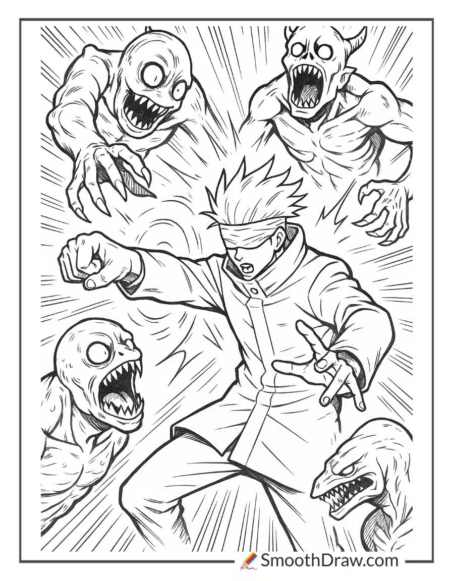 Gojo fighting multiple cursed spirits