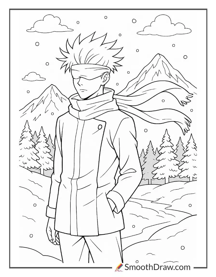 Gojo in a snowy mountain scene