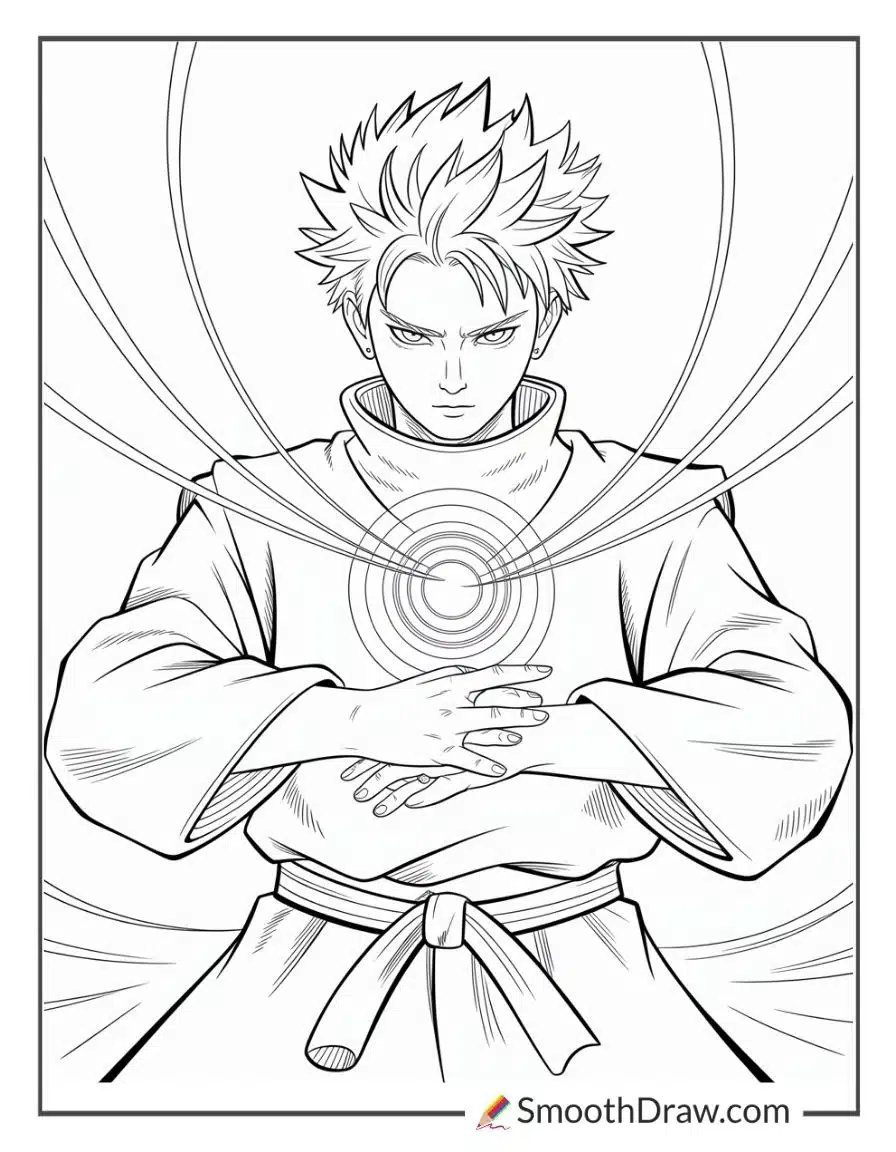 Gojo meditating with floating energy