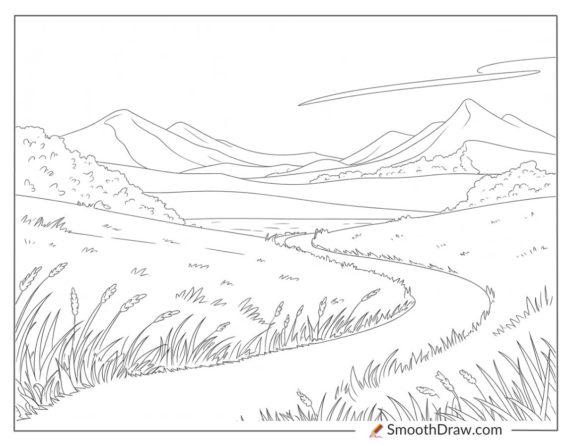 Grassy plains with distant mountains coloring sheet