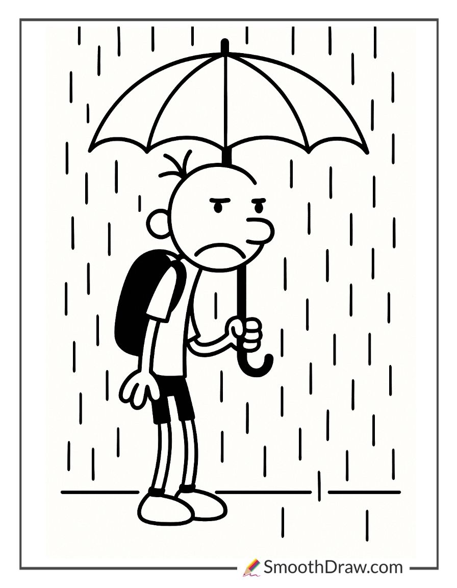 Greg Heffley Holding Umbrella Coloring Page