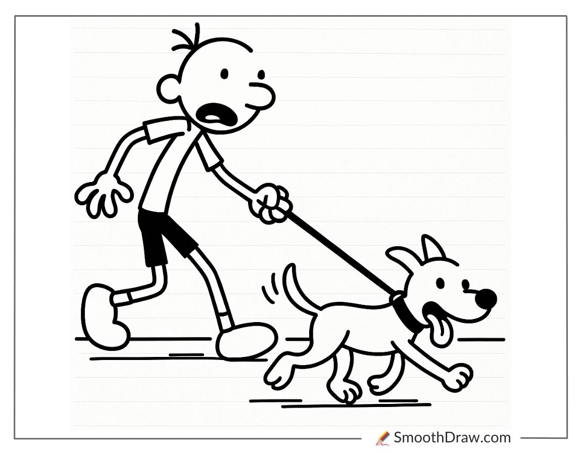 Greg Heffley Running With Dog Coloring Sheet
