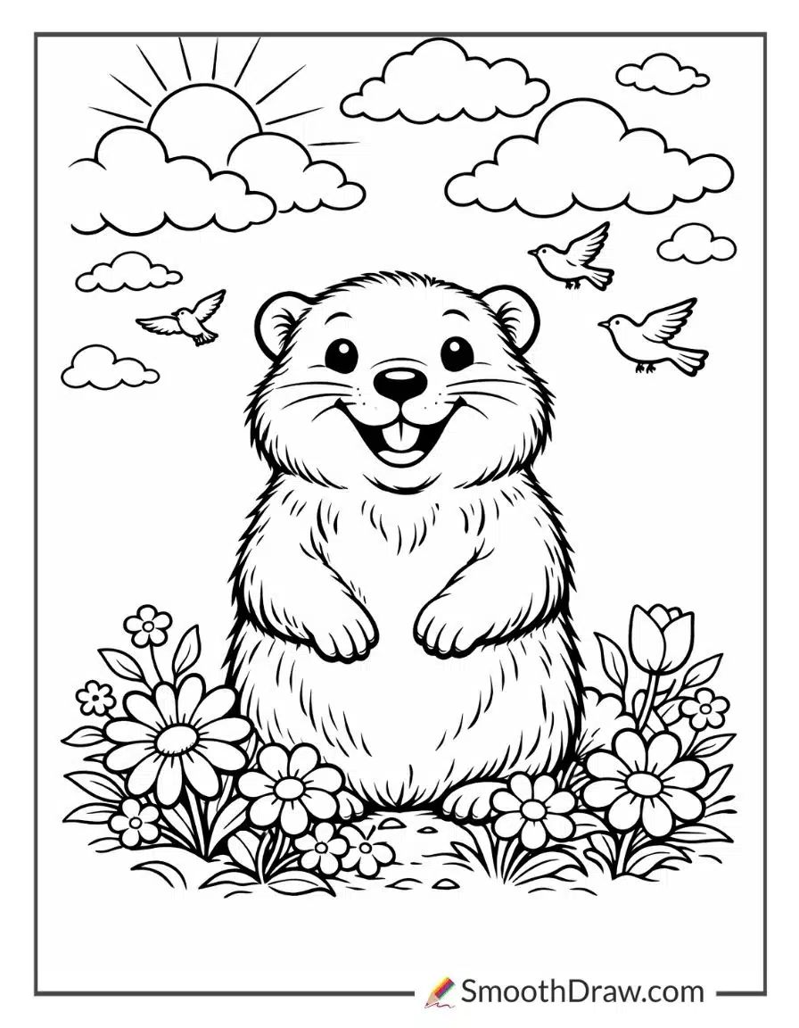 Groundhog Under A Bright Spring Sky For Coloring