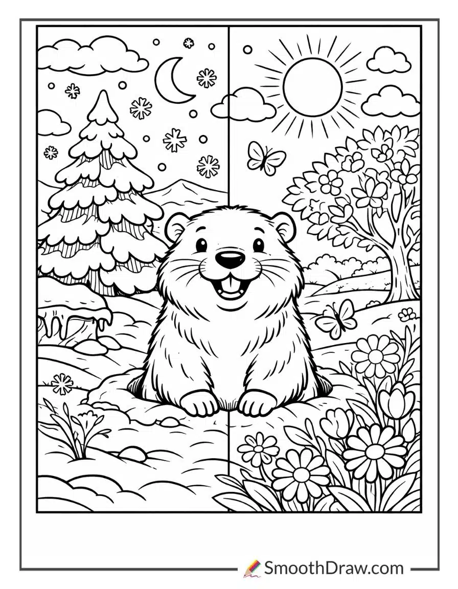 Groundhog With Winter And Spring Scenes