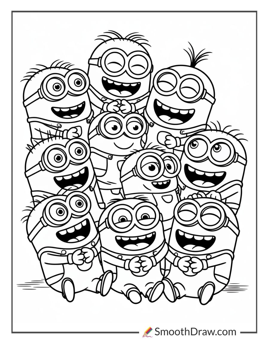 Group Of Minions Laughing Coloring Page