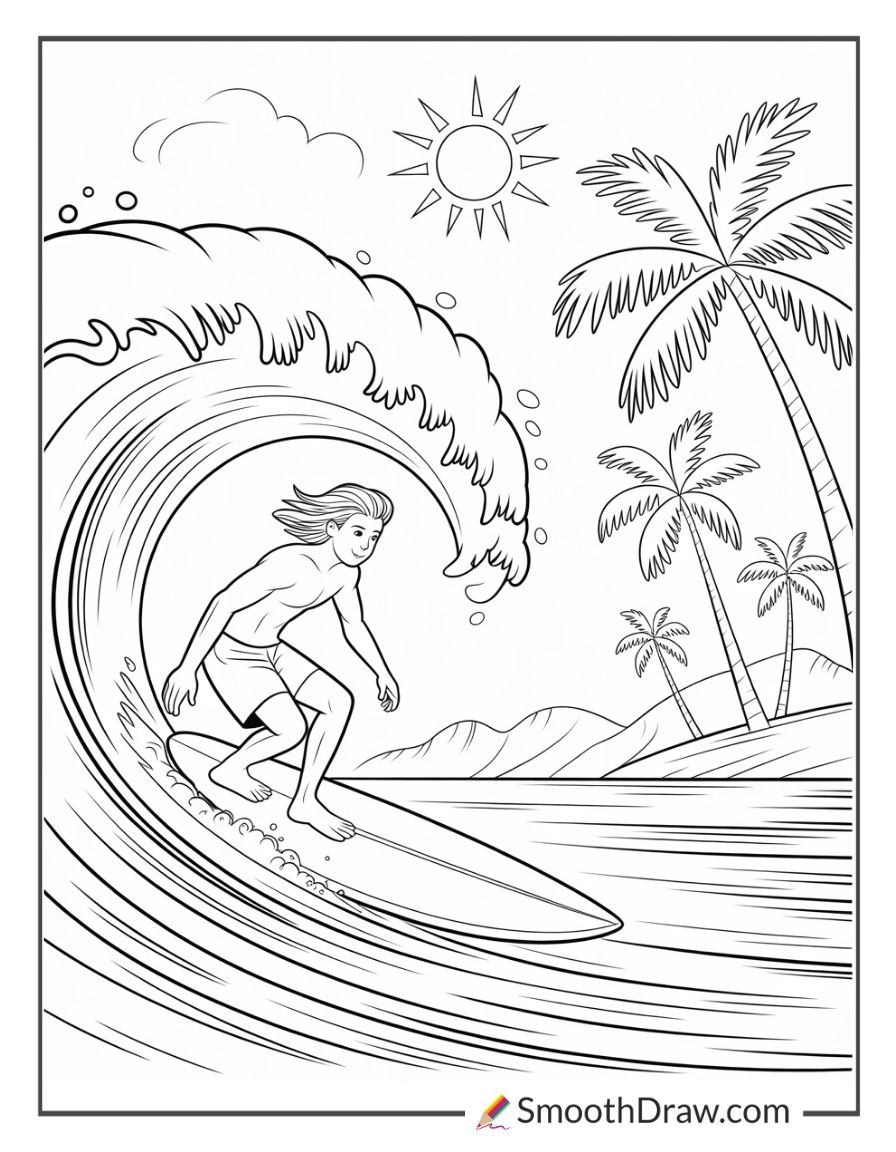 Hawaiian surfing coloring page
