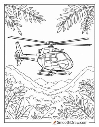 Helicopter flying over jungle trees