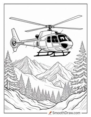 Helicopter flying over snowy mountains