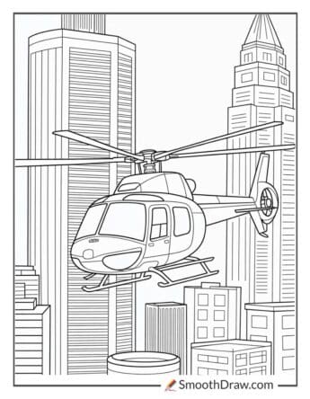 Helicopter hovering near tall skyscrapers