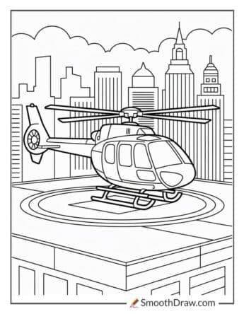 Helicopter landing pad with city skyline
