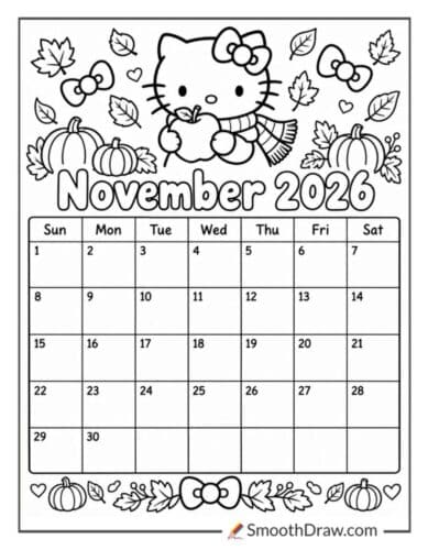 Hello Kitty November 2026 calendar coloring page