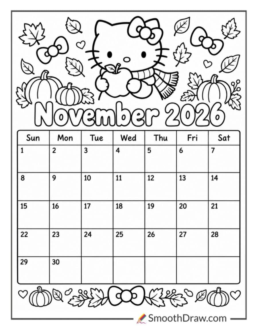 Hello Kitty November 2026 Calendar Coloring Page