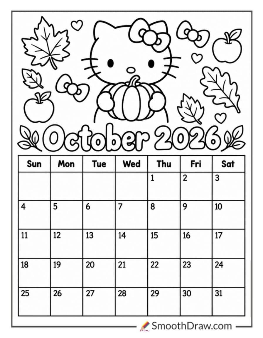 Hello Kitty October 2026 Calendar Coloring Page