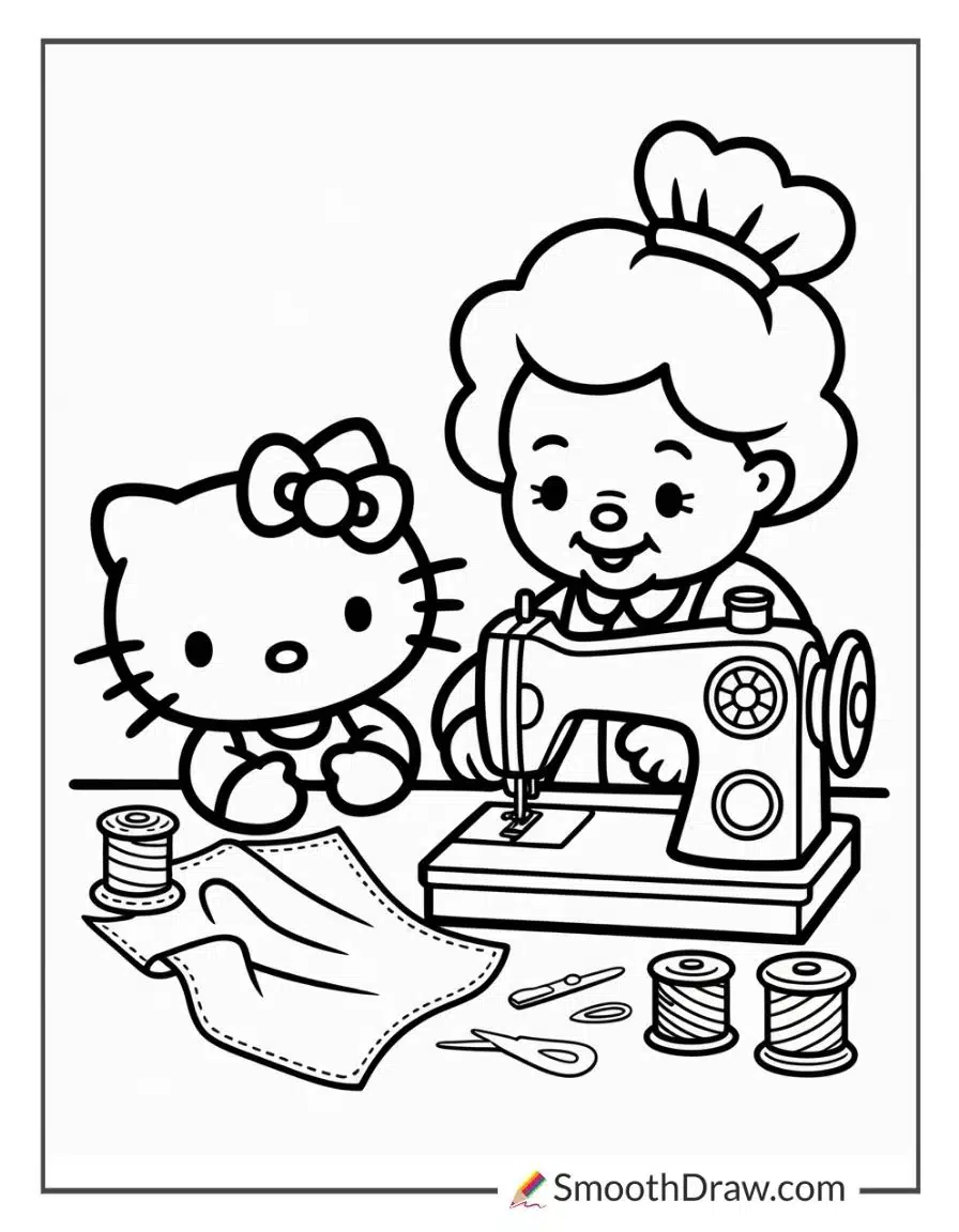 Hello Kitty Helping Grandma Margaret Sew