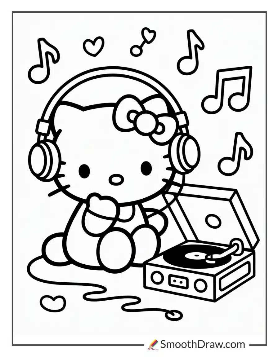 Hello Kitty Listening To Music For Coloring