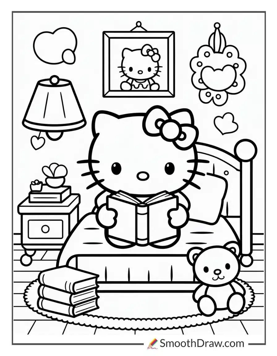 Hello Kitty Reading Books In Bedroom