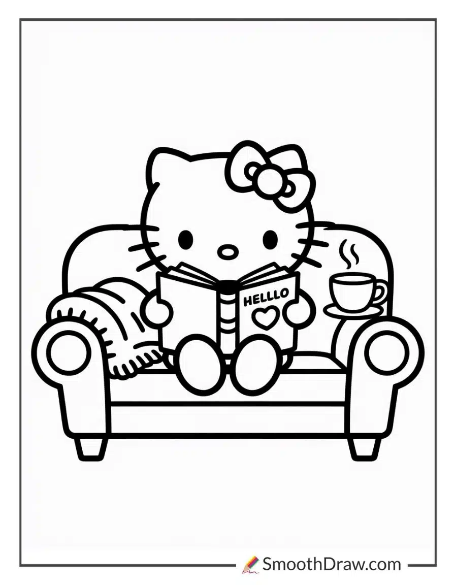Hello Kitty Relaxing With Storybook Coloring Page