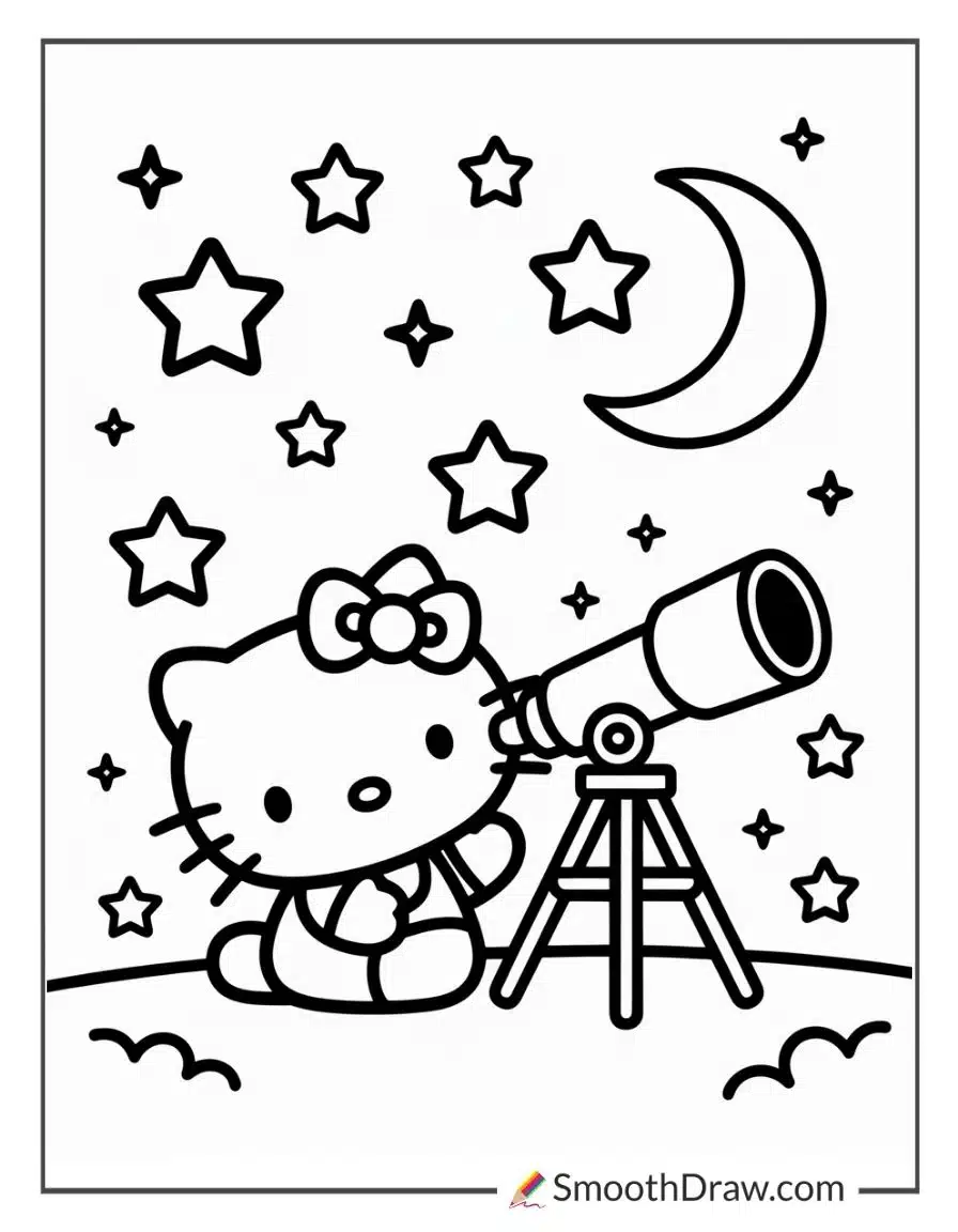 Hello Kitty Stargazing With Telescope