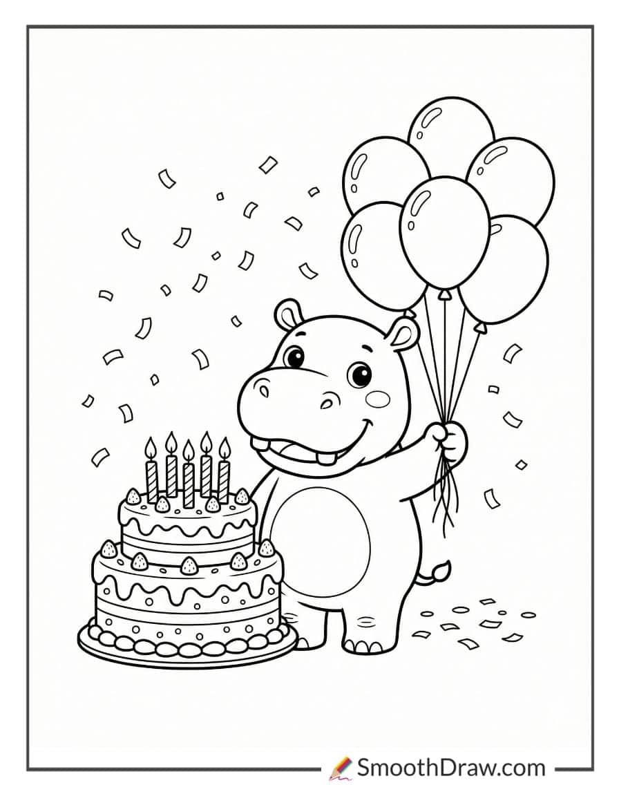 Hippo With Birthday Balloons And Cake