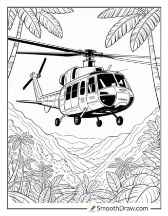 Huey helicopter flying above the jungle