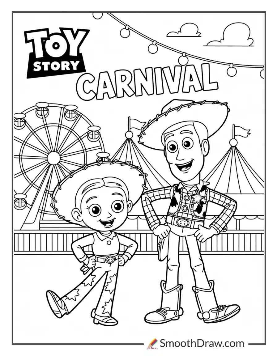Jessie and Woody at the carnival coloring page